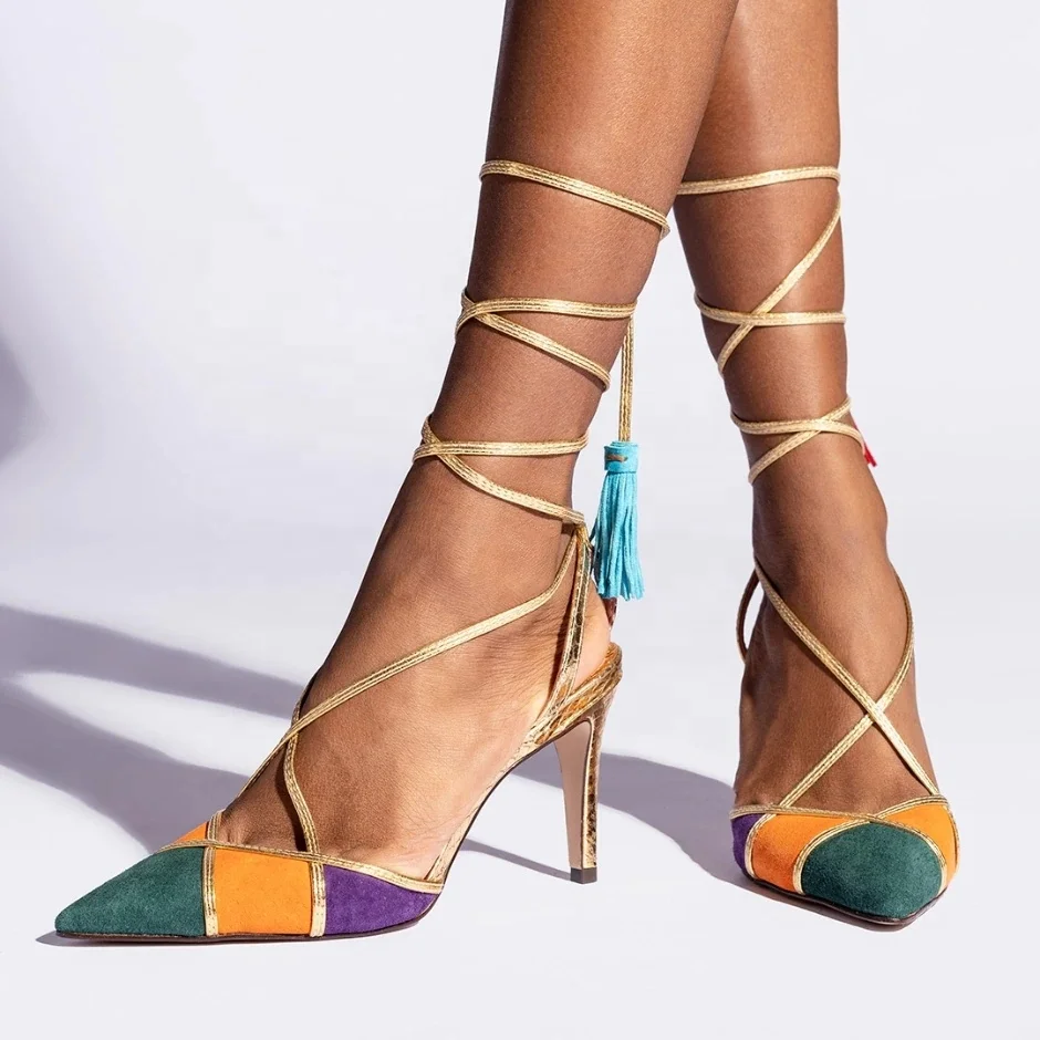 Anmairon Designer Shoes New Styles Of 2021 Metallic Pu Suede Leather Color Matching Pointed Toe Tassel Lace Up Women Dress Shoes