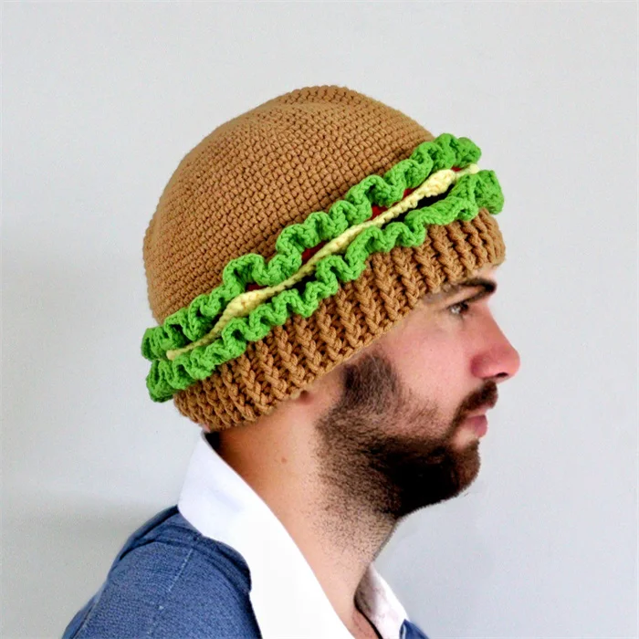 SZ1108 Cute Costume Novelty Hamburger Hats Handmade Crochet Knitted Beanie Caps Thermal Warm Funny Bread Hats for Party