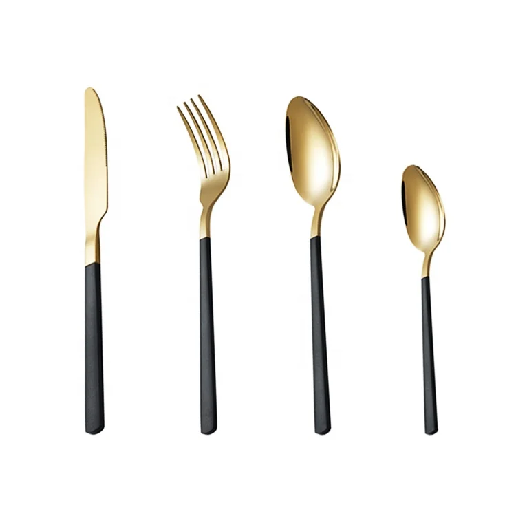 Hot sell style black gold color handle flatware set high quality children cutlery stainless steel cutlery set