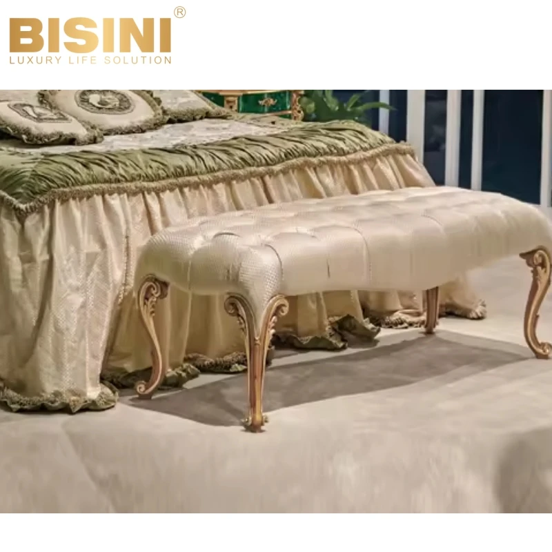 Traditional French Baroque Style Royal Villa Home Handcrafted Wood Carved Fabric Bed Foot Stool Bedroom Bed Set Beige Bench