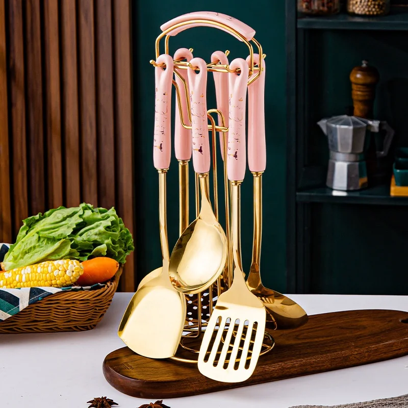 Nordic Light Luxury 7Pcs Kitchen Utensil Set Stainless Steel Cooking Spoon Spatula Shovel with Ceramic Handle Carousel