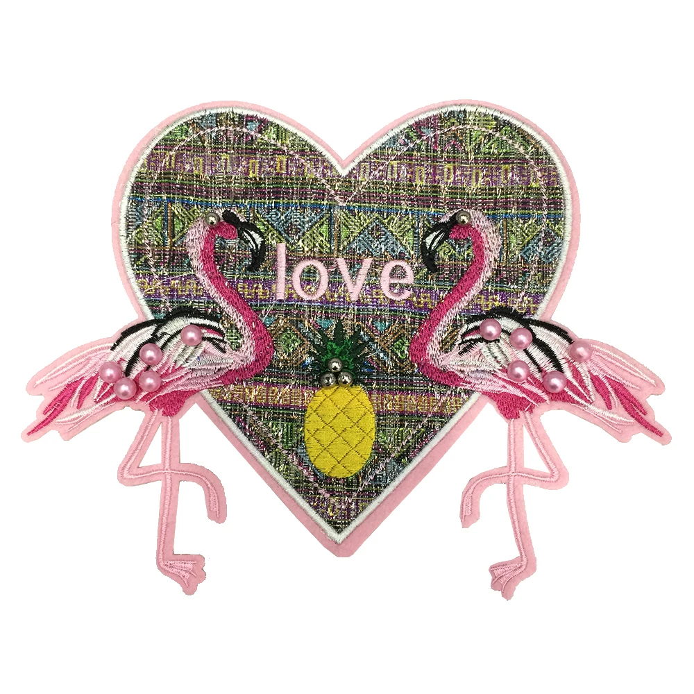 High Quality Iron On Flamingo Flower Pearls Handwork Sequins Embroidery Patches