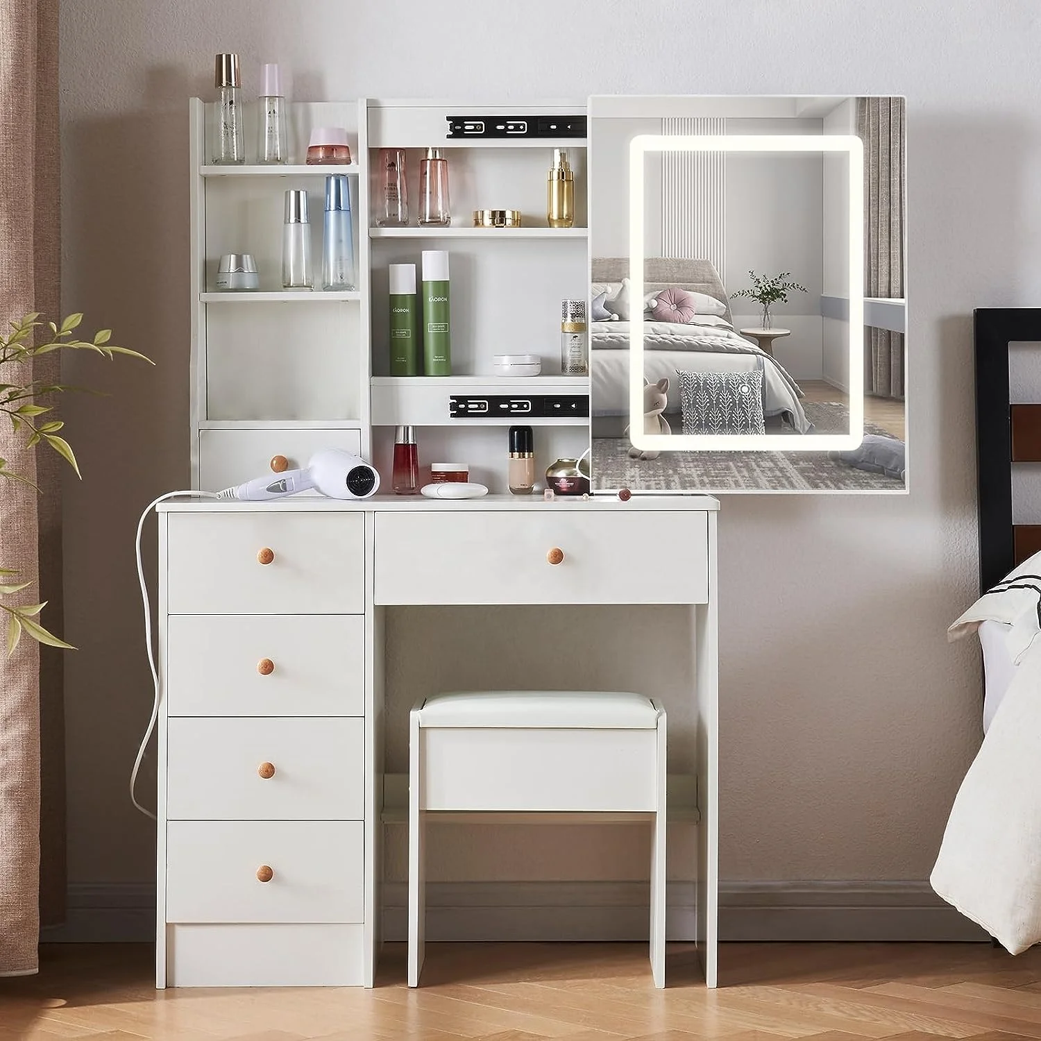 Girls Vanity Desk Set, Modern Touch Control Screen LED Light Dressing Table with Lighted Mirror and Chair for Makeup