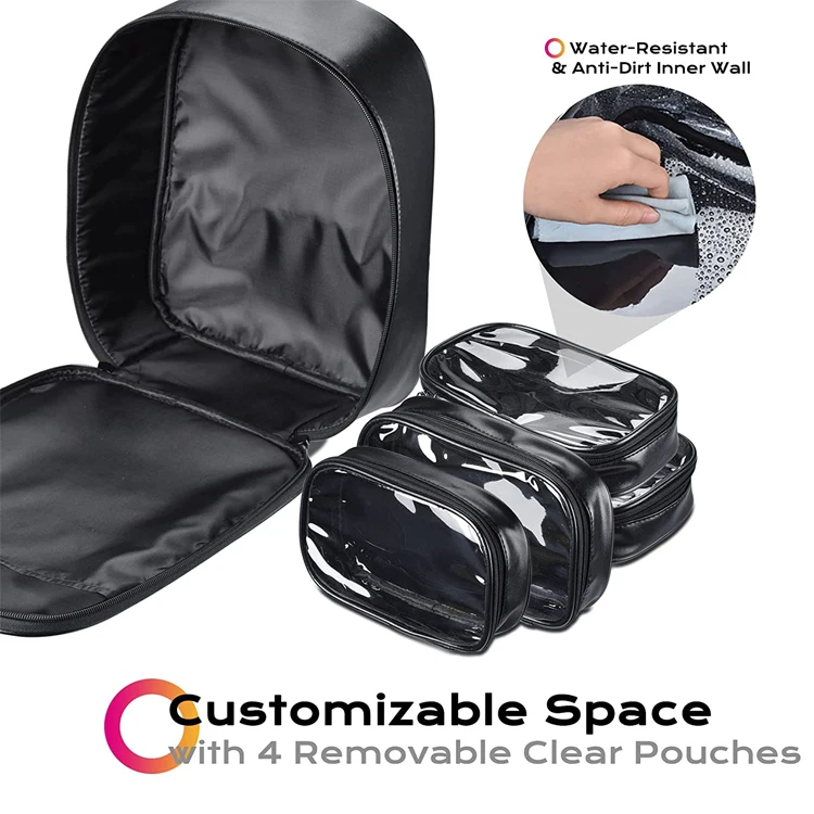 custom black dresser PU leather artist cosmetic backpack bag for makeup barber backpack