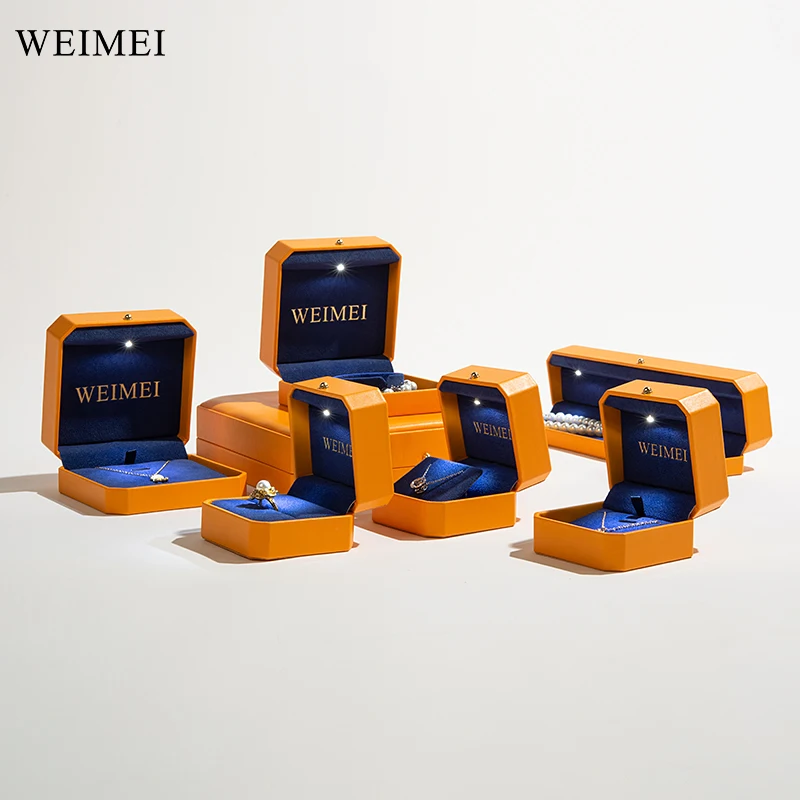 WEIMEI Jewelry Box Factory Luxury octagonal orange pu leather package custom ring earring diamond light jewelry box with light