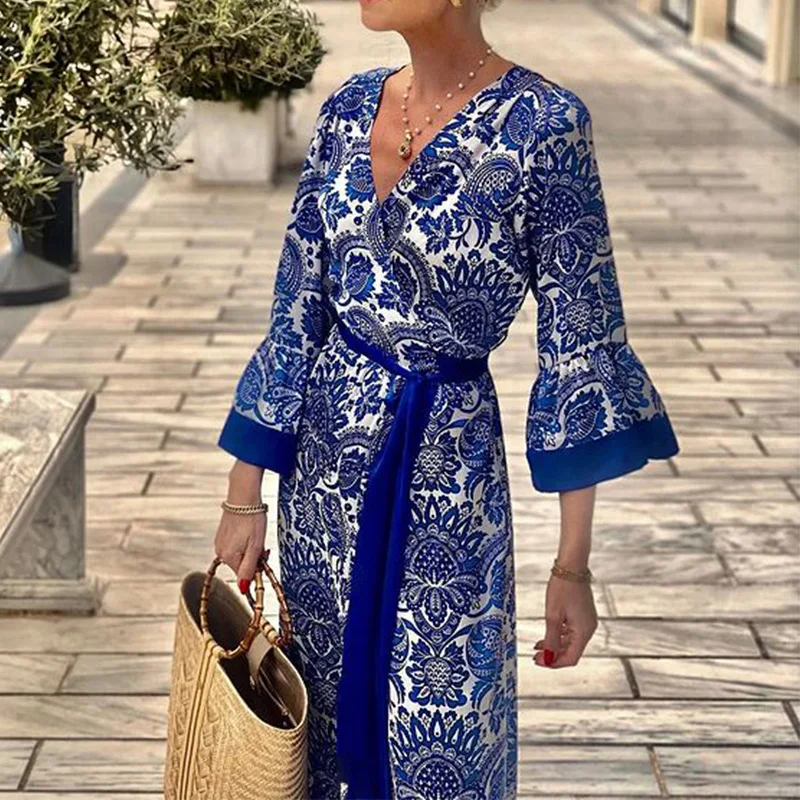 2024 High Quality Fashionable V-Neck Bohemian Floral Casual Long Dresses For Women