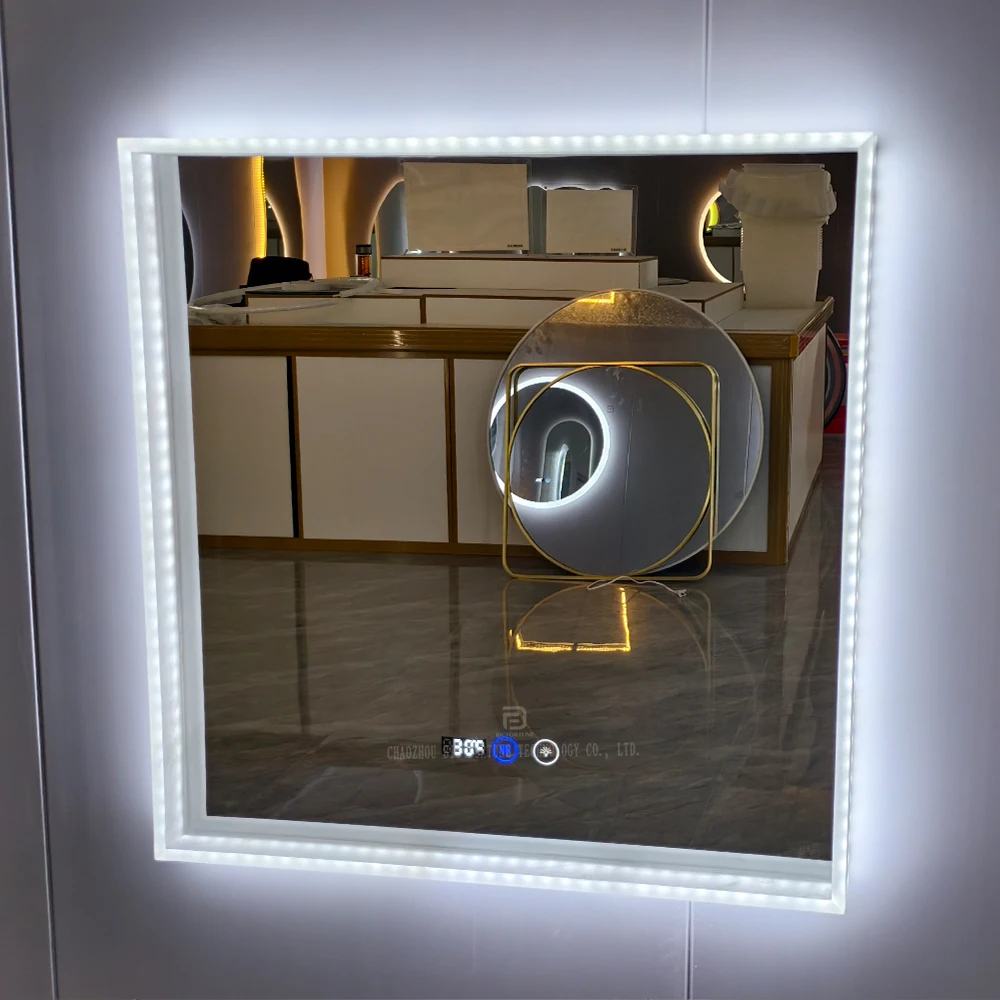 Factory direct square mirrors time display defogger bathroom smart mirror touch sensor switch led light mirror