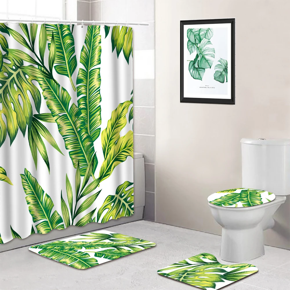 Green Plant bathroom rug mat shower curtain set 4 pcs