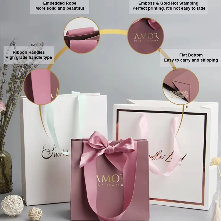 Custom logo private label mini luxury boutique retail thank you gift paperbag with handle personalized white paper shopping bags