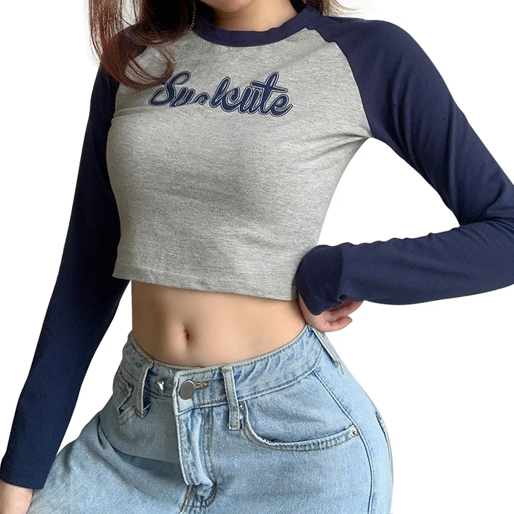 Y2K 100% Cotton Raglan Sleeve Color Contrast Letter Printing Crop Tops Baseball T Shirts Logo Customize Long Sleeves Women Tees