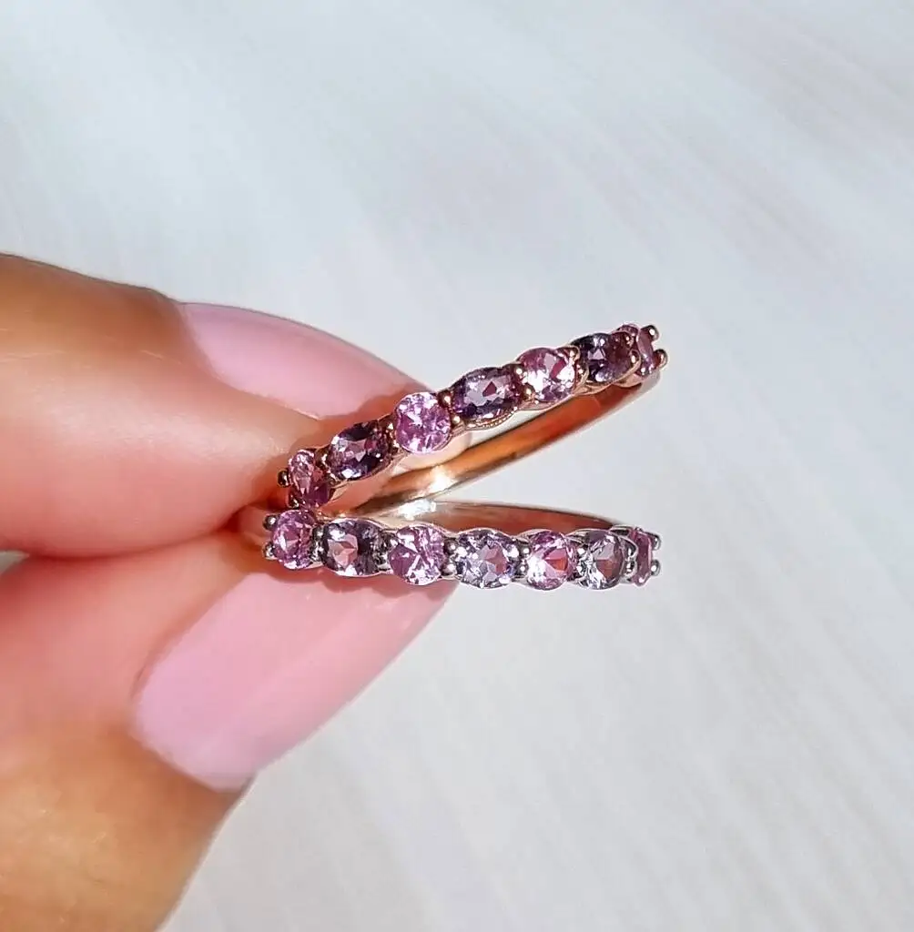 Pink Sapphire And Pink Amethyst Ring 925 Sterling Silver Half Eternity Band Ring