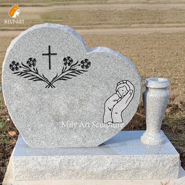 Custom Design Carving Large Stone Granite Marble Baby Child Headstone Love Cross Granite Tombstones With Vase for Memorial Park