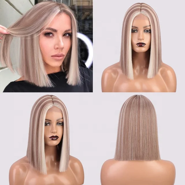 Wholesale wigs synthetic wigs short blonde wigs straight Bob  for women middle part highlights blonde pink orange Cosplay