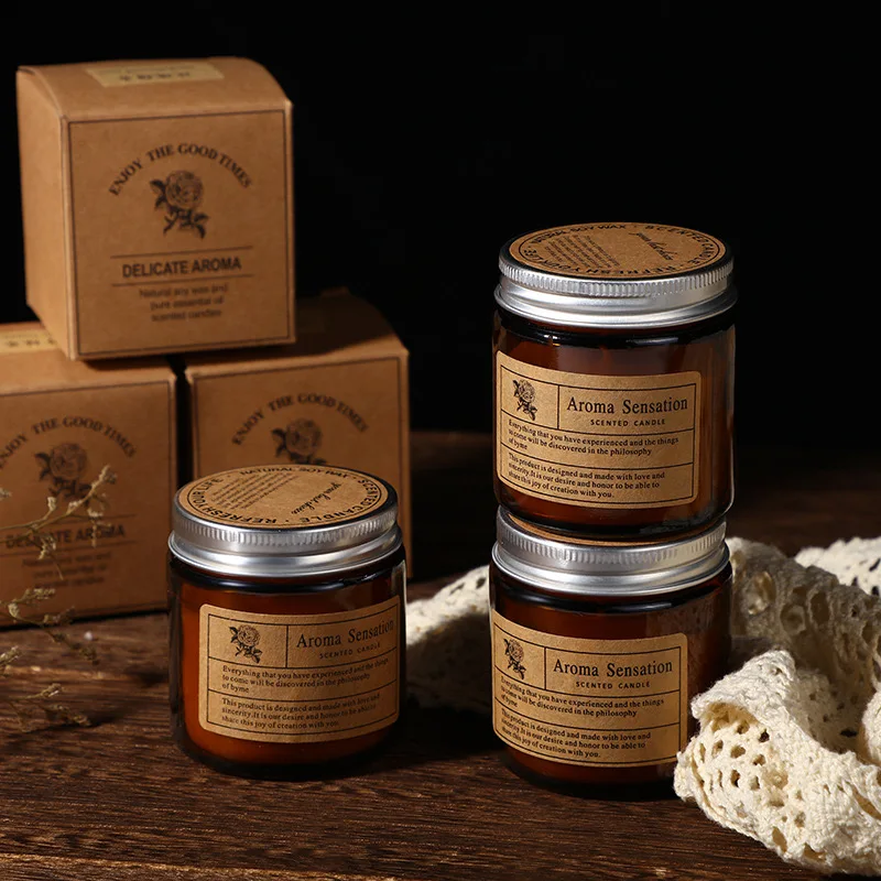 Оптовая продажа Роскошные Ароматические свечи из соевого воска в стекле ароматизированные ароматизаторы с коробкой крафт-бумаги для домашнего декора