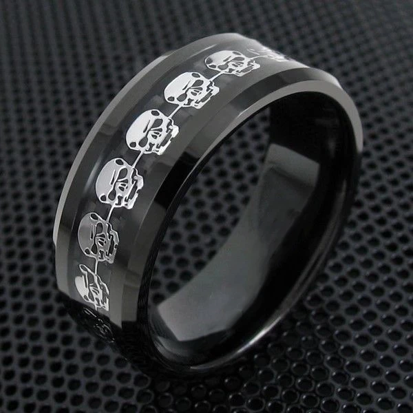 Men Silver Skull Skeleton Inlay Carbon Fiber Wedding Band Promise Rings Black Tungsten Carbide Rings