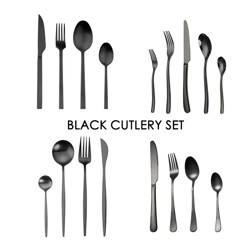 Inox 18/8 reusable black cutlery set cubiertos dorados 5 pieces set