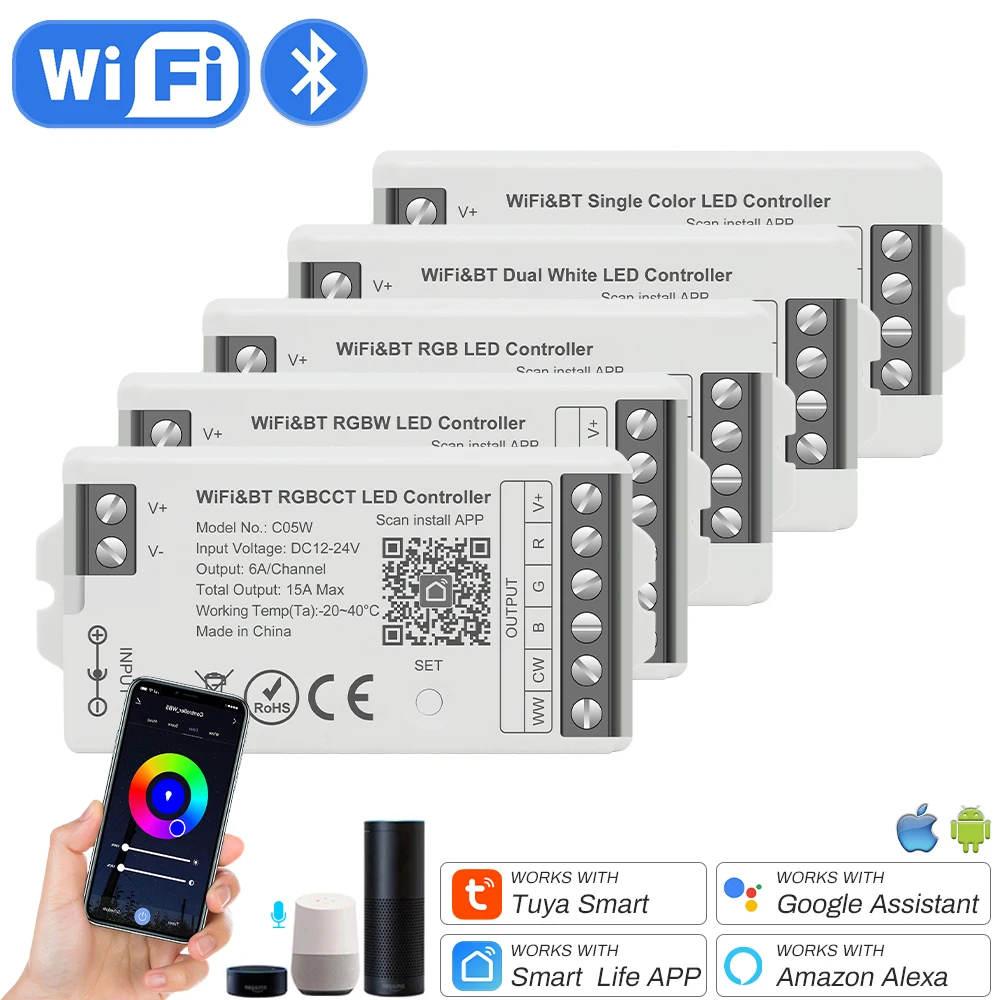 Tuya Wifi Controller with 2.4G RF Remote for CCT RGB RGBW RGBCCT LED Strip Light Support Alexa Google Assistant Voice Control
