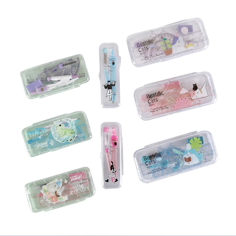 Multifunctional metal compasses set Cute color cartoon students drawing 7-piece exam writing tool set