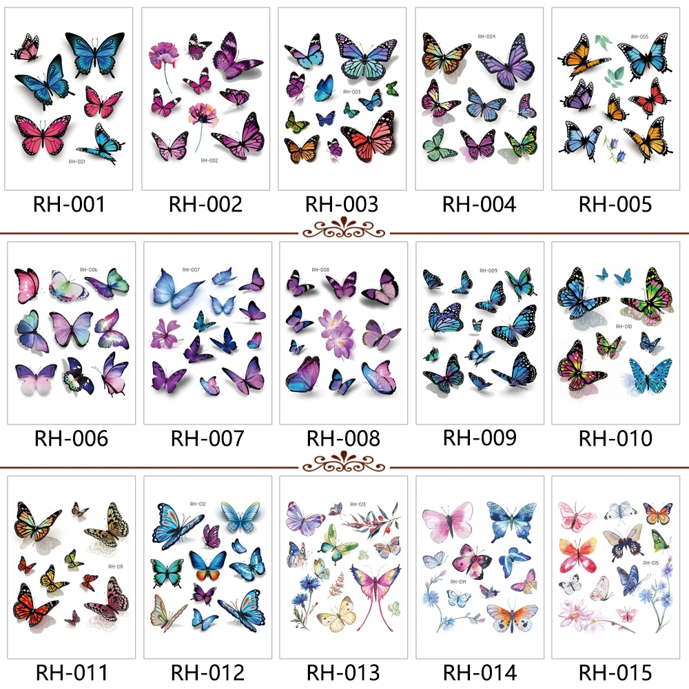 RH-001~RH-24 New waterproof disposable 3d tattoo stickers Original makeup butterfly tattoo stickers Fashion tattoo stickers