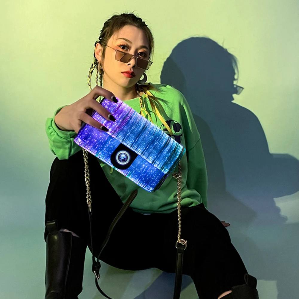 New Fashion Glitter Tote Bag  Women Hand Bags Ladies Chain Leather Purses Handbags Led Cosmetic led light up Bag