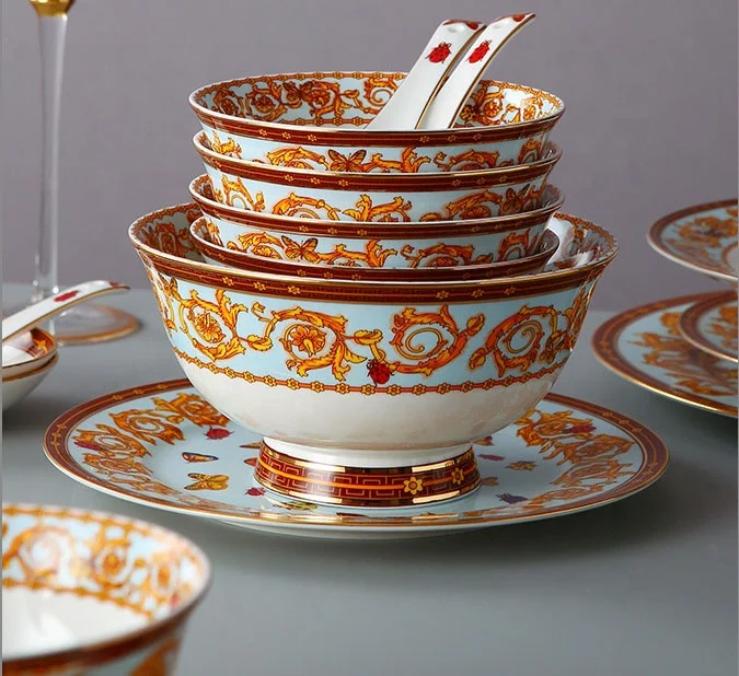 European-style creative bone china western plate rice bowl soup plate household 28-piece tableware set gift box