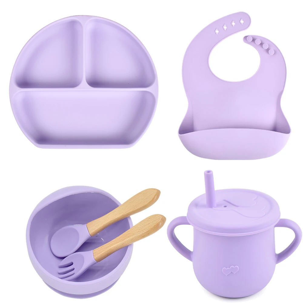 New Feeding Supplies 6PCS Stock Baby Silicone Feeding Set Baby Suction Plate, Bowl, Bib, Sippy Cup Set