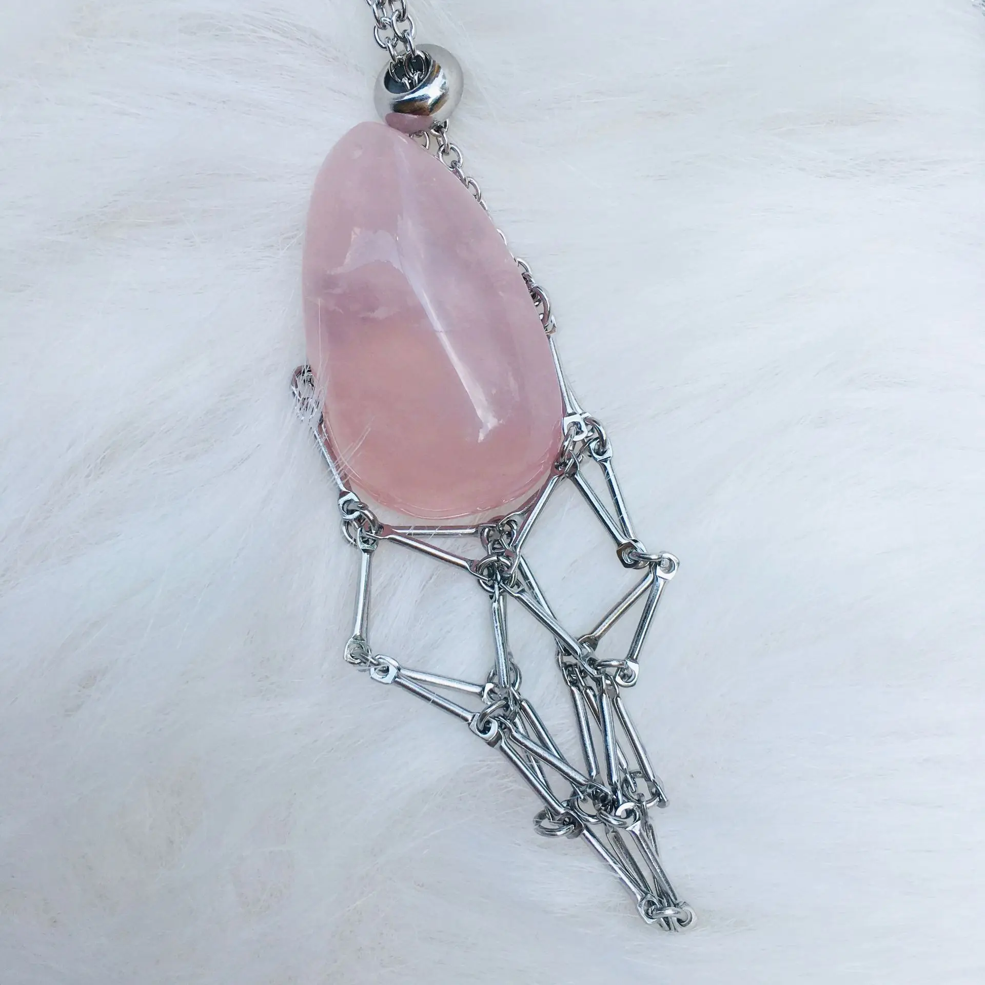 Titanium stainless steel 18k gold net bag natural crystal stone adjustable Bamboo knot net pendant necklace gemstone jewelry