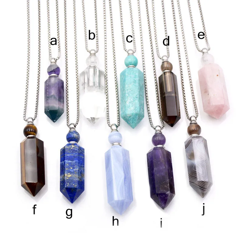 Hexagon Bullet Prism Perfume Bottle Pendant Genuine Gemstone Necklace Smoky Quartz Point Bottle Diffuser Stainless steel Jewelry