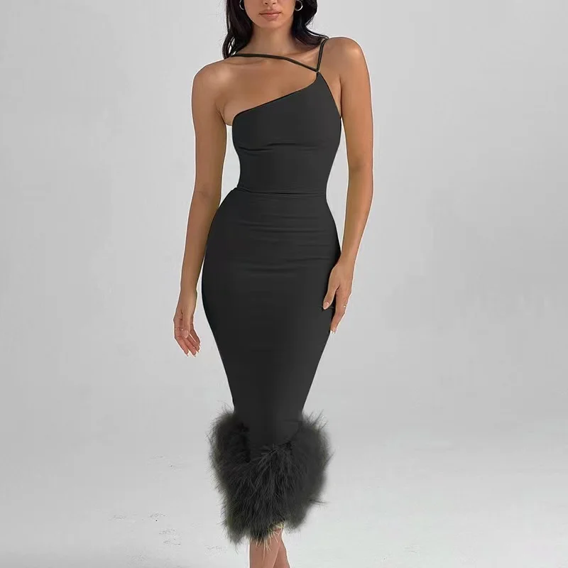 Autumn Sexy One Shoulder Sleeveless Bodycon Long Feather Dresses New Designs Fashion Women Dresses