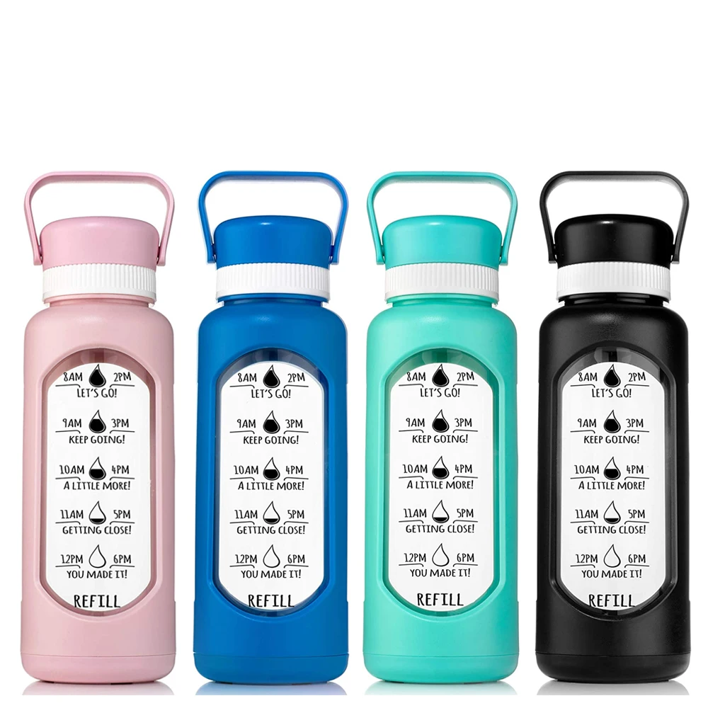 32 oz 1 Liter Time Marker Drink Track Daily Intake Gym Fitness Sports motivational Glass Water Bottle in Plastic Sleeve