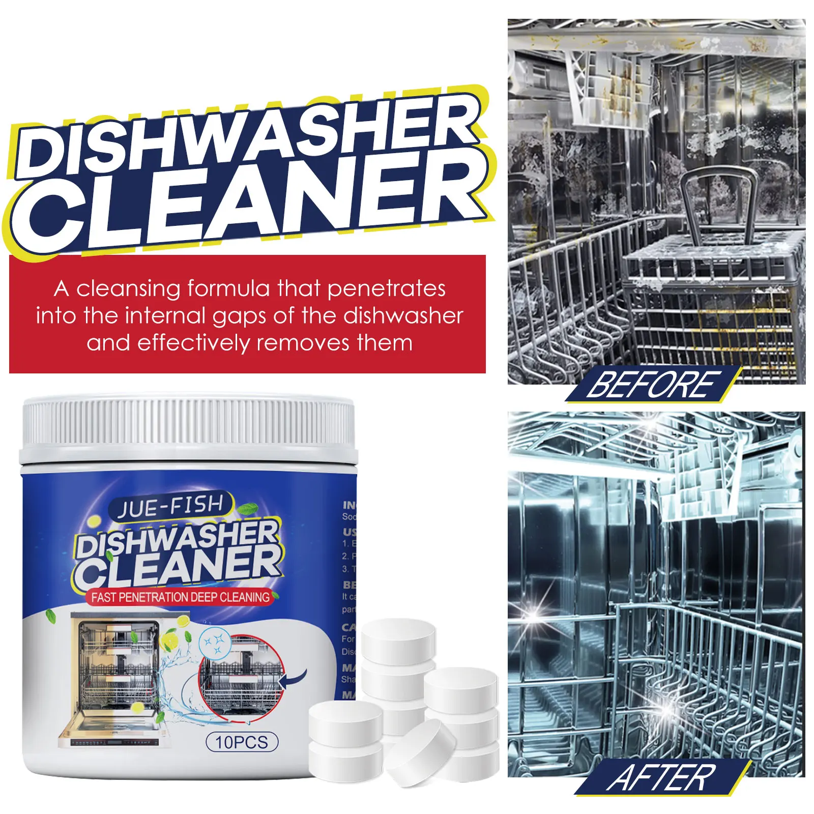 Jue-fish Dishwasher Cleaner Rich Foam Detergent Dishwasher Tablet Gentle Formula Dishwasher Cleaner Tablets