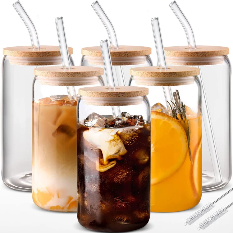 12oz 16oz clear frosted borosilicate glass beer can cup with bamboo lid and straw