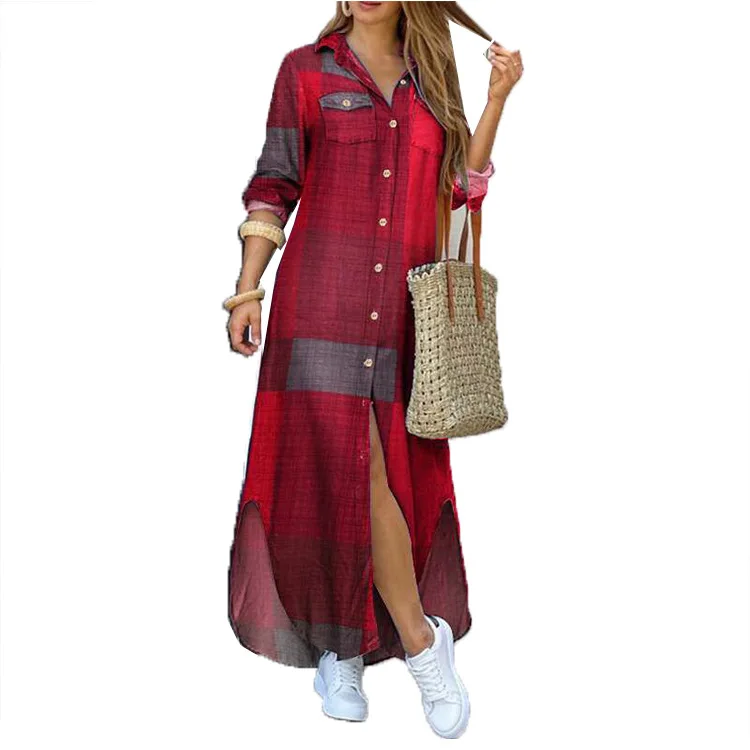 hot sale Long Maxi Dresses polyester One piece summer loose plaid Dress