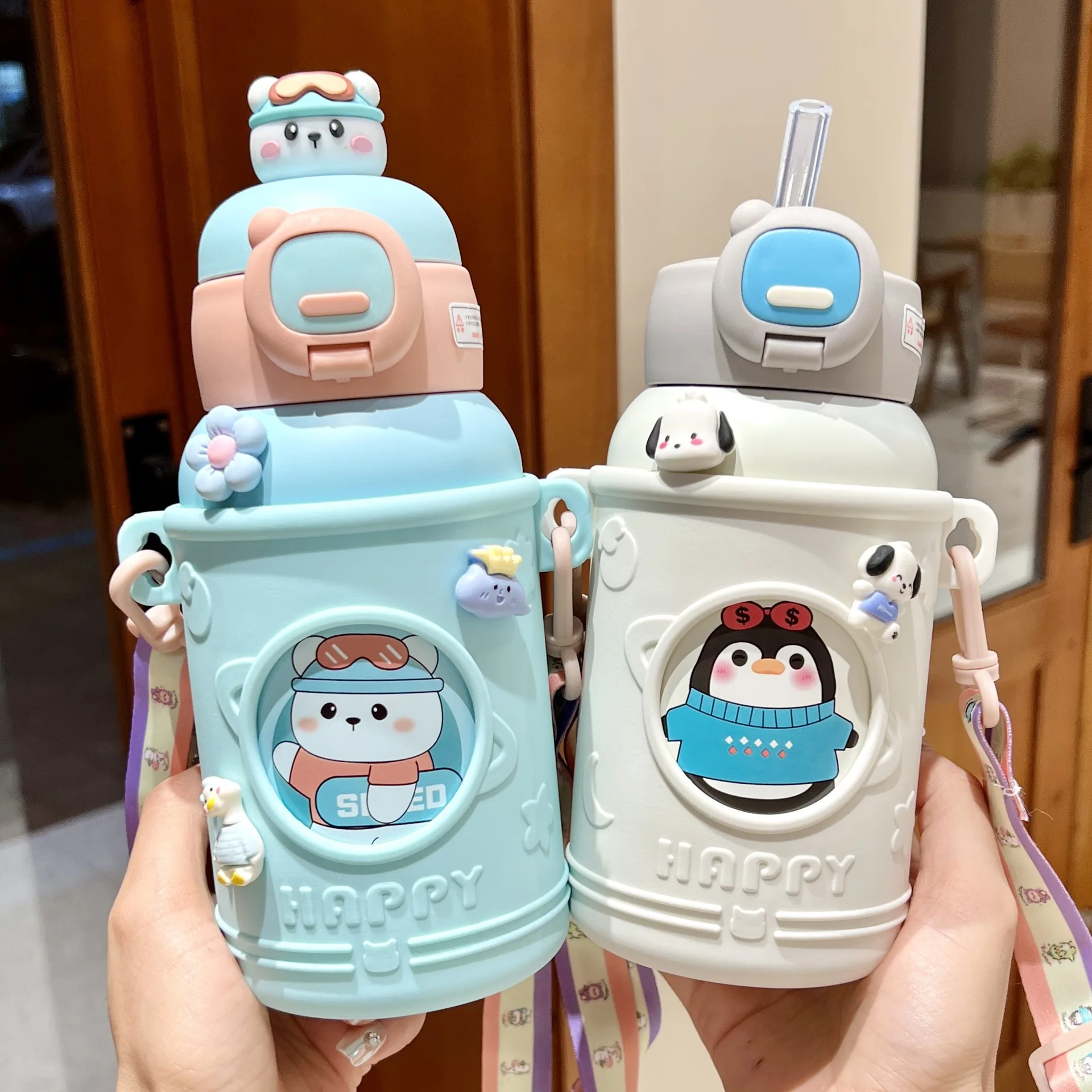 Seaygift kawaii 3D resin stickers children stainless steel water bottle shoulder strap baby girls boys thermos cup with straw
