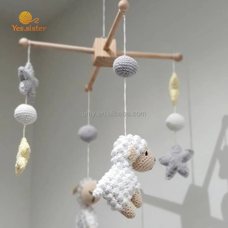 Eco-friendly 100 % Cotton Non Toxic Soft Toy Crochet Knit Sheep Star Cot Mobile Baby