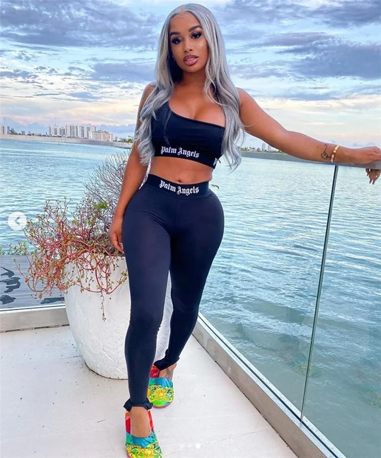 
custom logo women crop top sleeveless one shoulder two piece pants set yoga sports wear biker shorts 