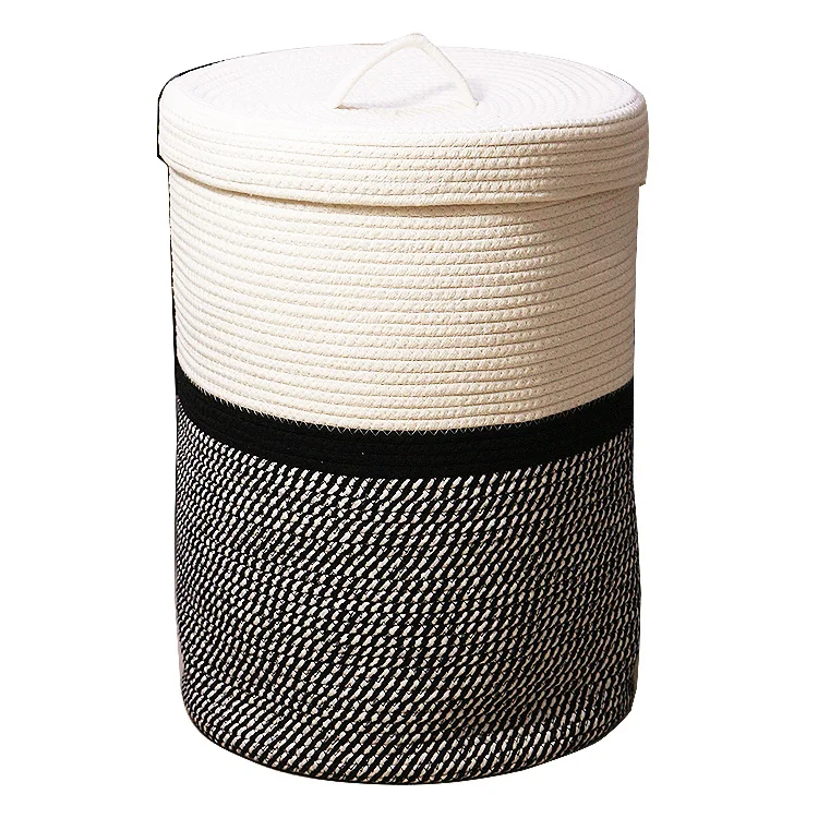 Amizon hot best sale tall wholesale white and grey pattern  weave household cotton rope storage basket with cover lid