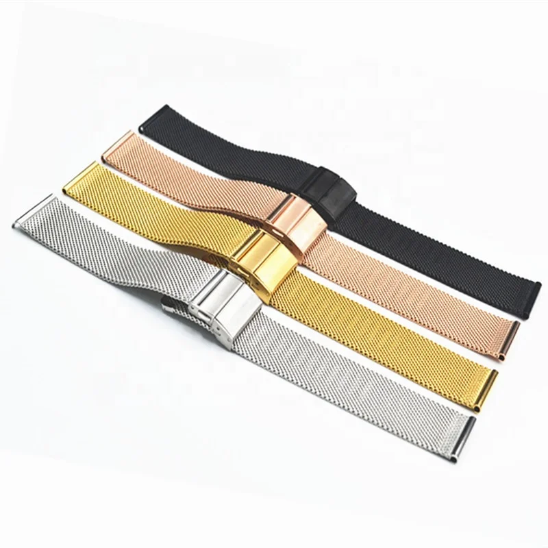 New design 16mm-22mm  304 stainless steel 0.6 wire mesh  quickrelease watch bracelet with deployment clasp buckle