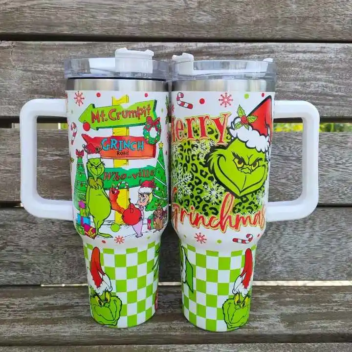 Popular Christmas Stainless Steel Tumbler Green Grinch 40OZ Tumbler Customized Tumbler With Handle and Straw