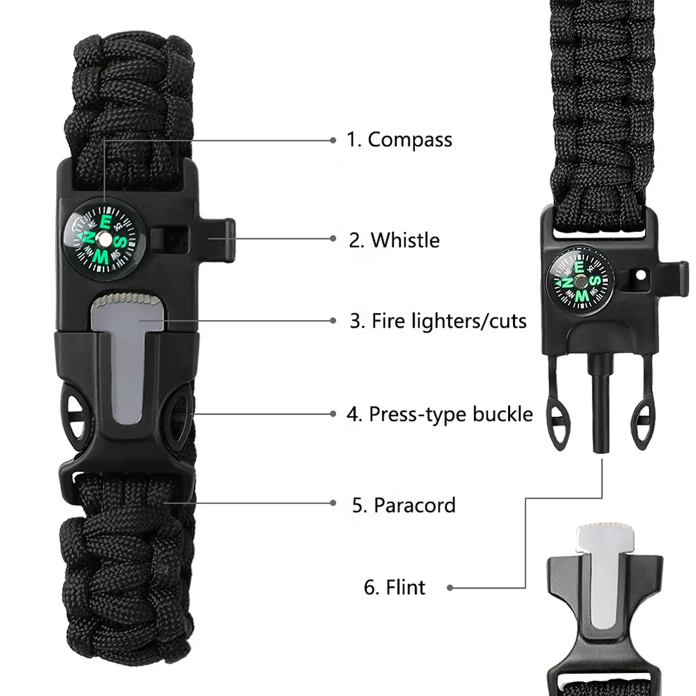 Outdoor  Emergency Bracelet Flint Fire Starter Compass  Bracelet Knife Scraper
