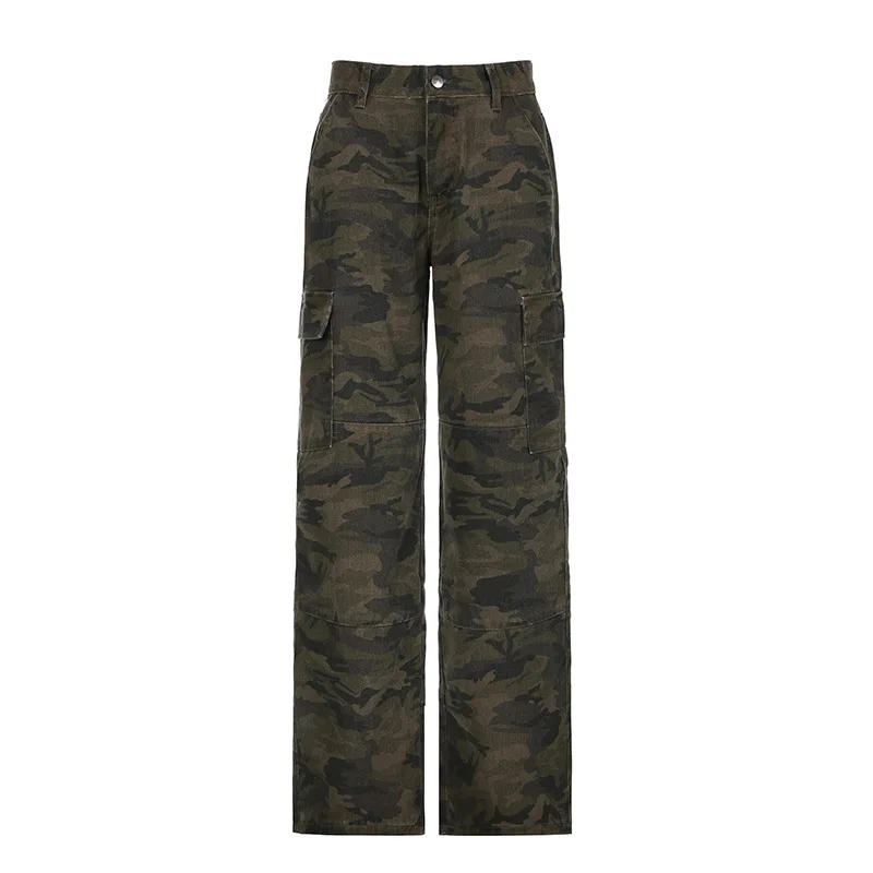 Workwear Style Camouflage Multi-pocket Loose Jeans Women Street Cool Low Waist Slimming Trousers