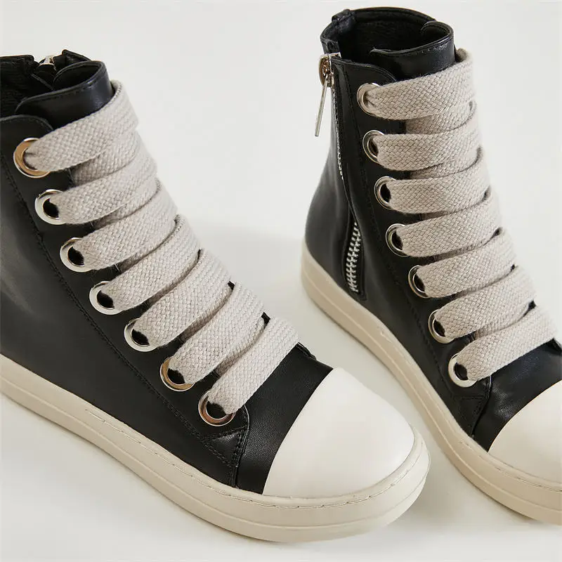 Hip hop trend Round Toe Top Board Sneakers Black Leather  Shoes Women Zip Ankle Lace Up Motorcycle Boots