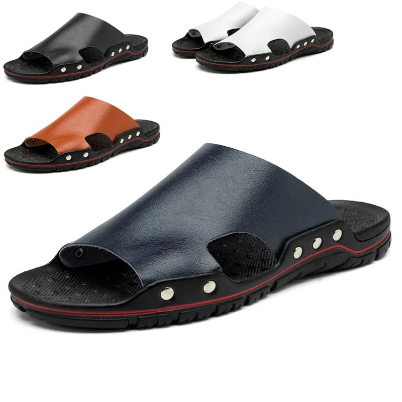 Summer custom high quality fashion mens rubber sole leather upper sliders outdoor beach slippers