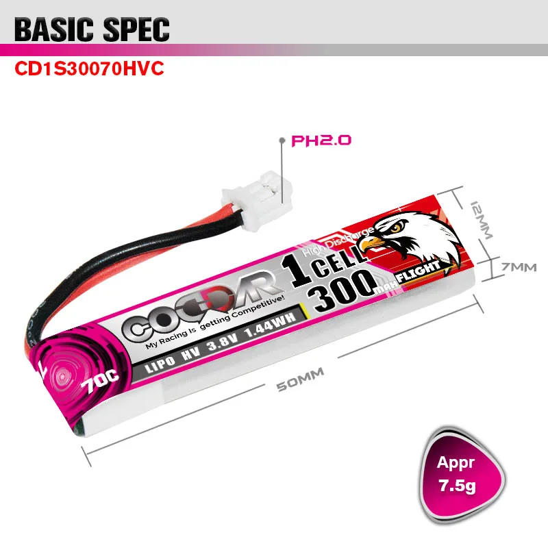 CODDAR LiPo Battery 1S 300MAH 3.8V 70C PH2.0 With Cabled FPV Drone High Voltage HV LiHV Lithium Polymer