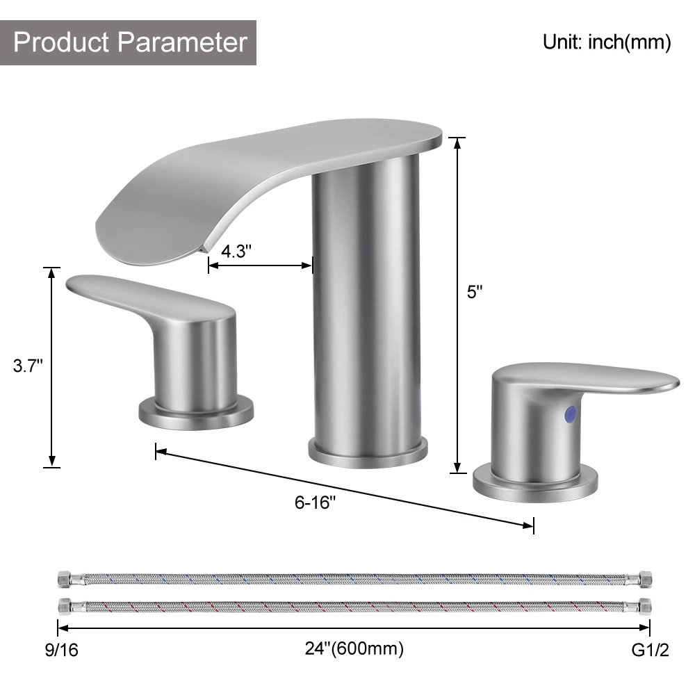 Basin Mixer Taps Two Handles 3 Holes Widespread Bathroom Sink Faucet with Pop-up Drain & Supply Hoses, Waterfall Basin Faucet
