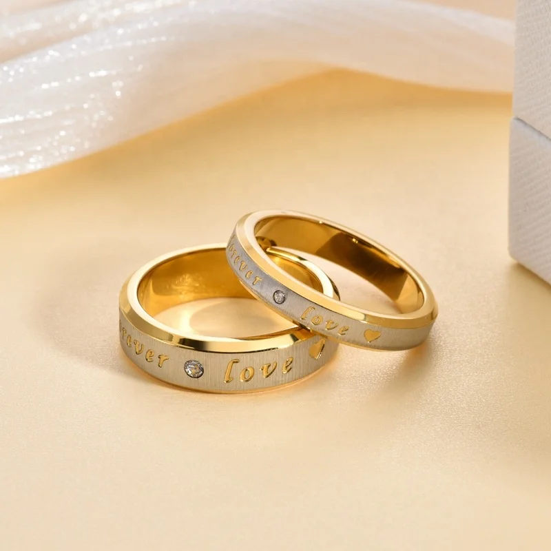 Retro Gold English Letter Ring Titanium Steel Non Fading Love Heart Ring Silver Diamond Round Ring For Couple Jewelry Gift Set