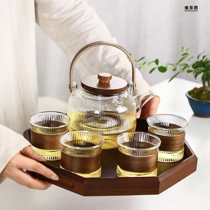 Glass Tea Pot Set High temperature resistant  tea kettle set  home cooking  glass vertical pattern teapot teapot set