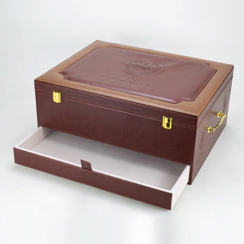 Custom Luxury Large  Brown Drawer Two Layers Tea Box Packaging Suitcase Business Knife And Fork Leather Gift Box Packaging