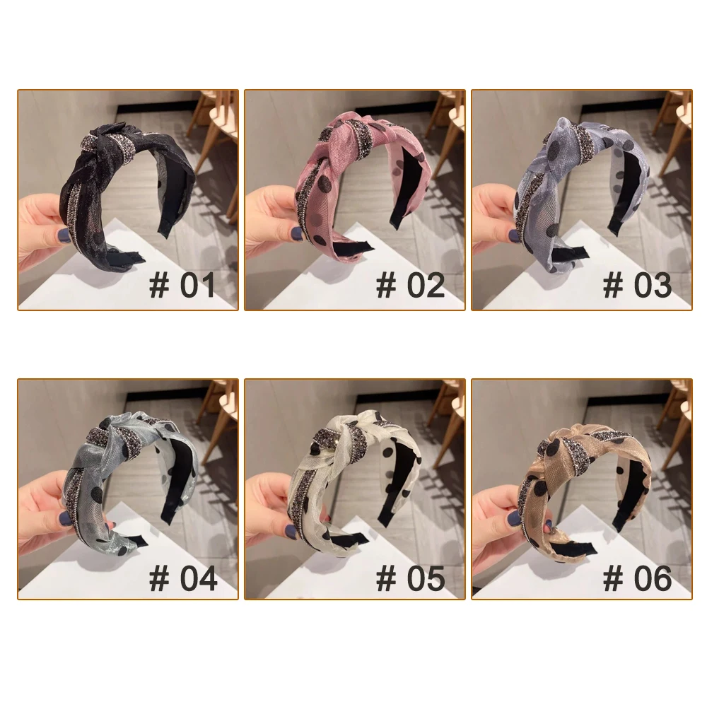 Rhinestone Glitter Diademas Polka Dot Lace Fabric Wide Brim Hair Band Middle Knotted Flannel Lining Padded Cloth Hair Bands