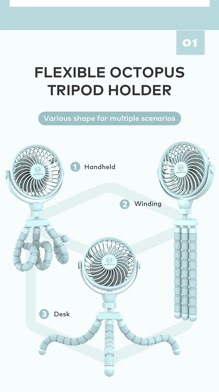 Cooling camping flexible tripod desktop octopus stand clip fan usb-c rechargeable battery handheld mini for baby stroller fan cl